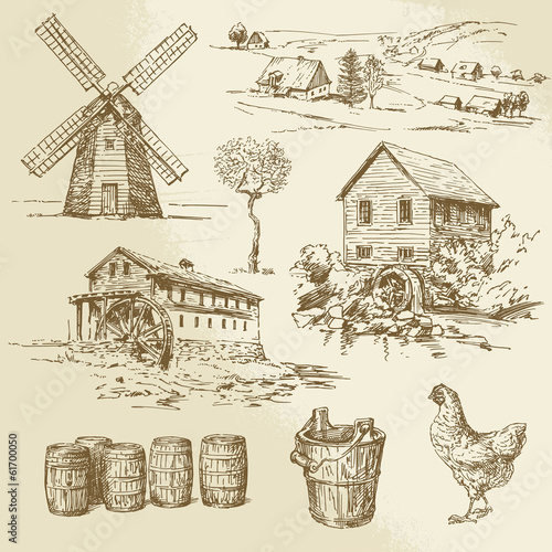 Watermill and windmill - hand drawn collection