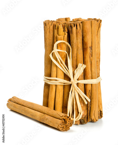 ceylon cinnamon sticks tied up on white background