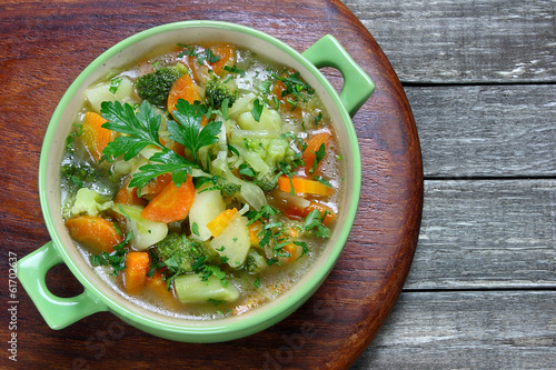 Vegetable soup with cabbage, broccoli, potatoes and carrots