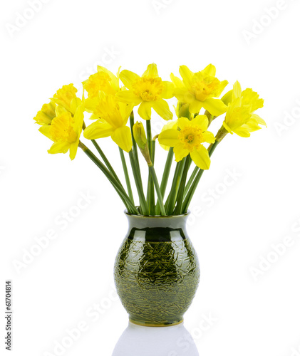 Fototapeta Naklejka Na Ścianę i Meble -  Żonkile w flakonie na białym tle