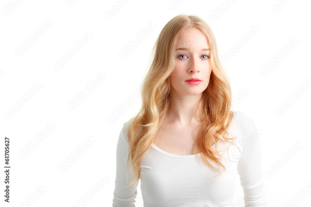 Close-up of a beautiful young woman against white background Close-up of a beautiful young woman against white background