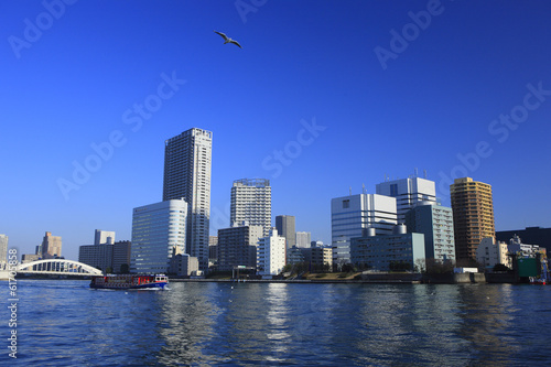 Water-bus in Sumida River and Cityscape of Kachidoki photo