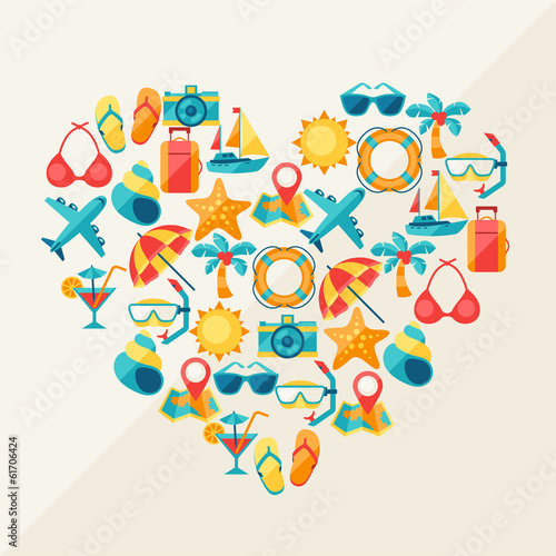 Travel and tourism background of icons in heart shape.