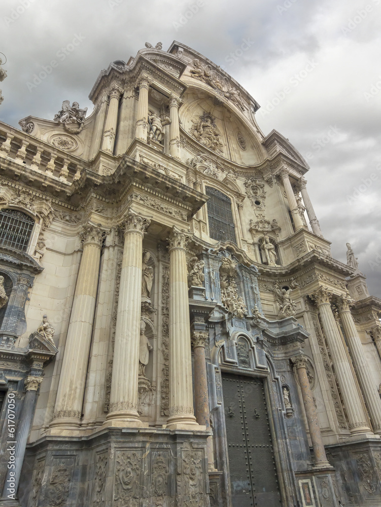 Murcia Cathedral of the year 1465 a day of storm, in Murcia, Spa