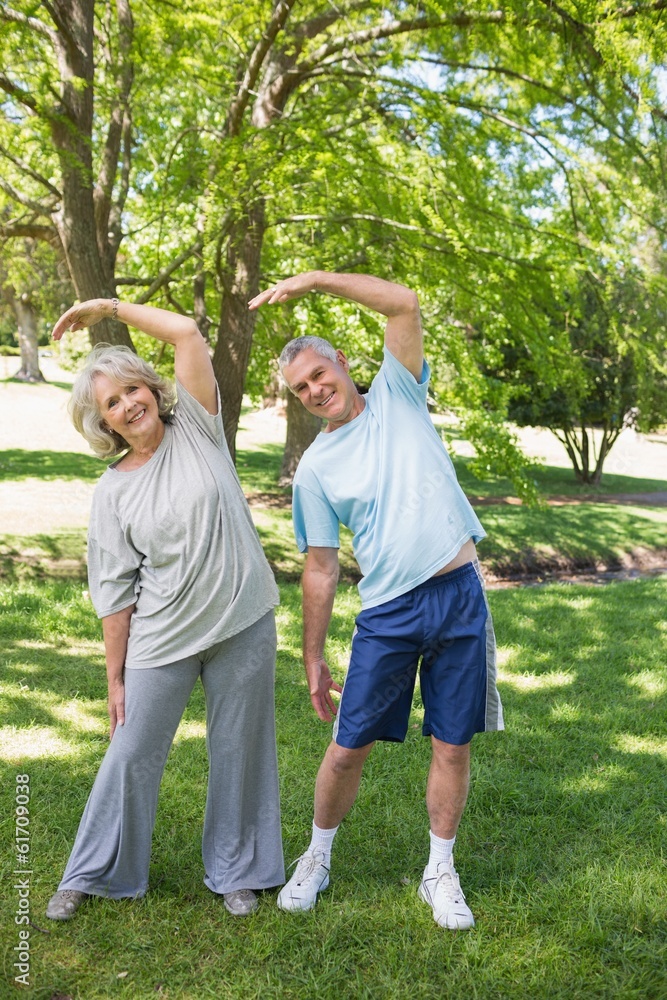 Mature couple stretching hands at park Mature couple stretching hands at park