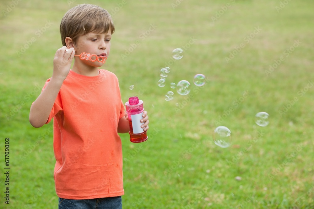 Boy blowing soap bubbles at park Boy blowing soap bubbles at park