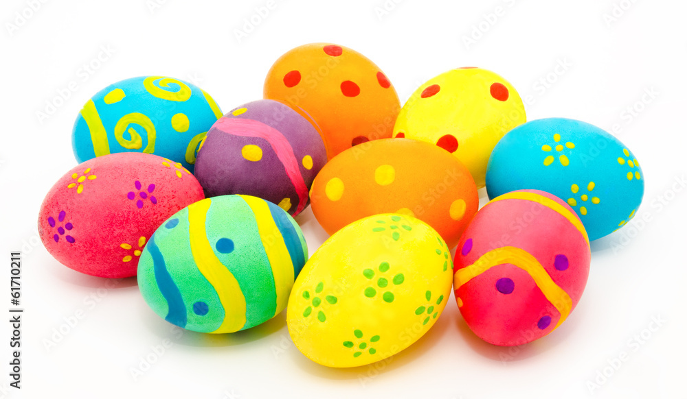 Colorful handmade easter eggs isolated on a white