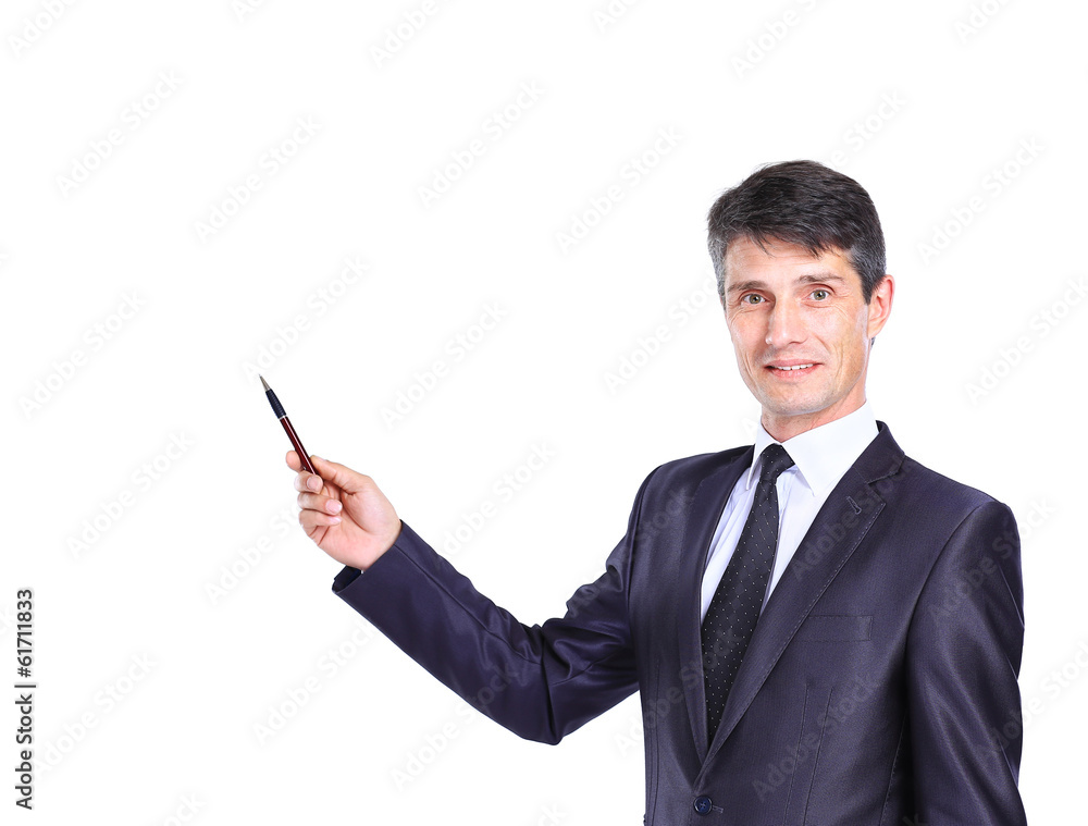 Business man presenting over a white background Business man presenting over a white background