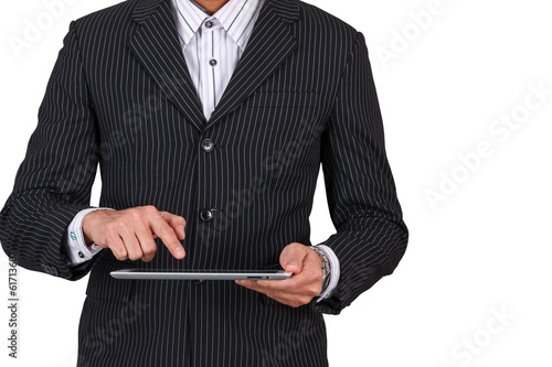 Businessman push finger on tablet