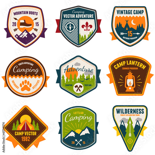 Vintage summer camp and outdoor badges