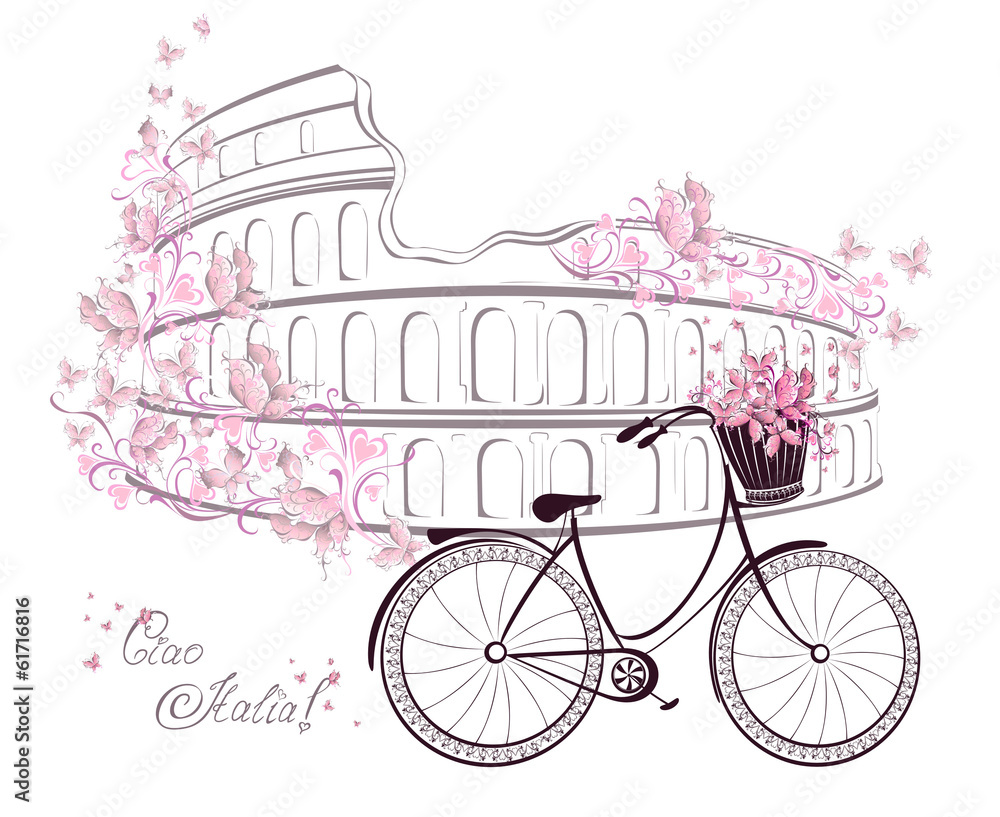 Naklejka premium Colosseum and bicycle. Romantic postcard from Rome, Italy.