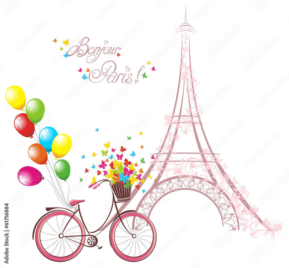 Naklejka Eiffel tower and bicycle. Romantic postcard from Paris.