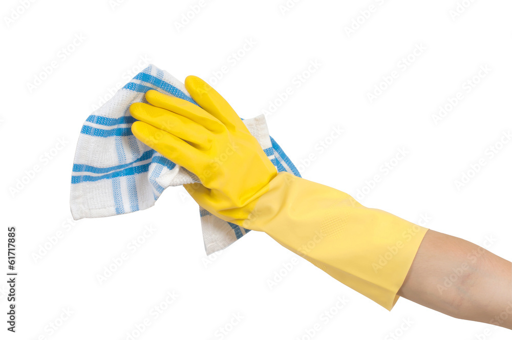 hand in cleaning glove with towel hand in cleaning glove with towel
