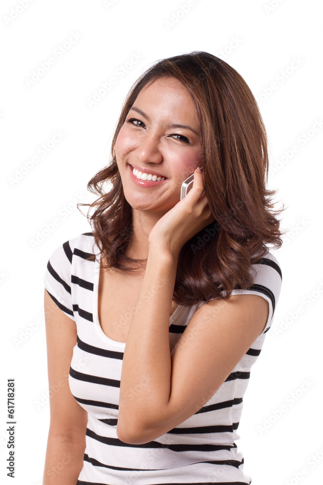 happy, positive, smiling woman talks with her cellular phone happy, positive, smiling woman talks with her cellular phone