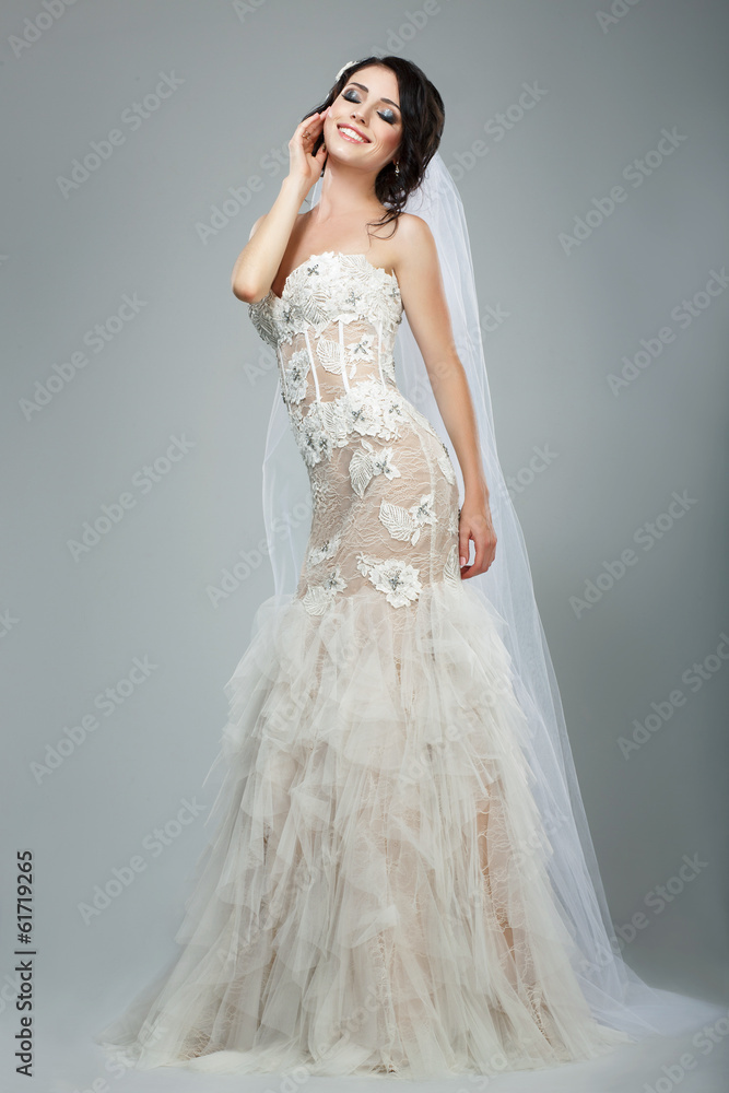 Fototapeta premium Dreaminess. Happy Bride with Closed Eyes in Sleeveless Dress
