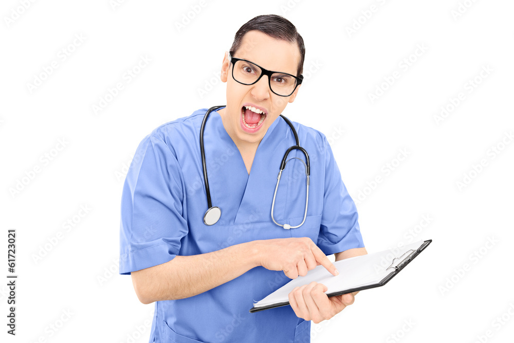 Furious male doctor screaming isolated on white background