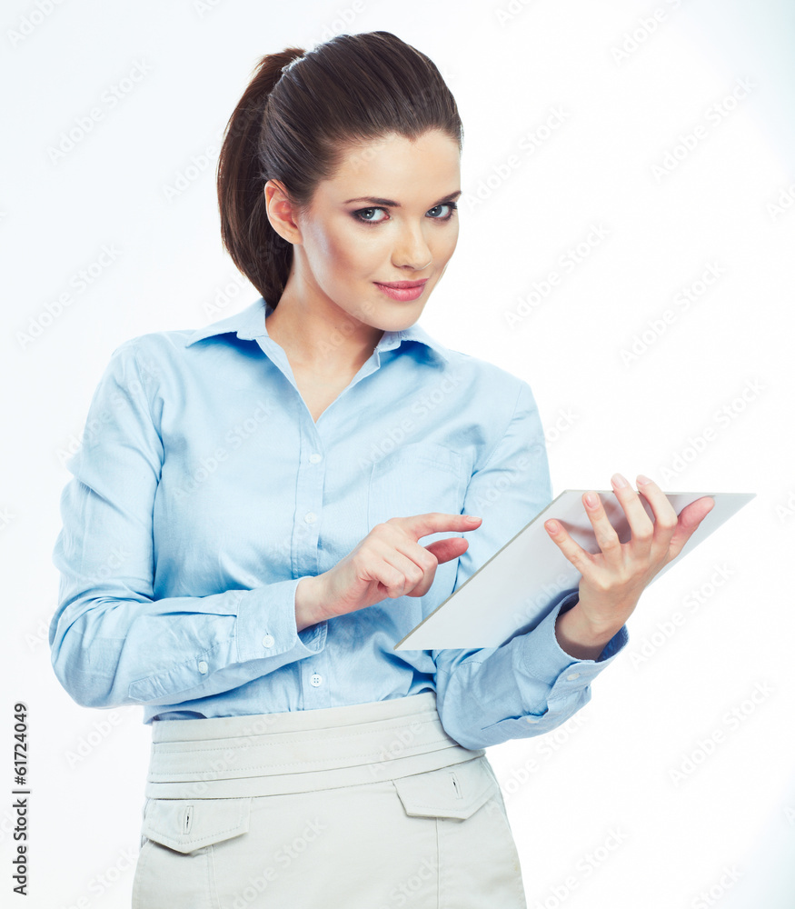 Woman hold white paper banner isolated over white background Woman hold white paper banner isolated over white background