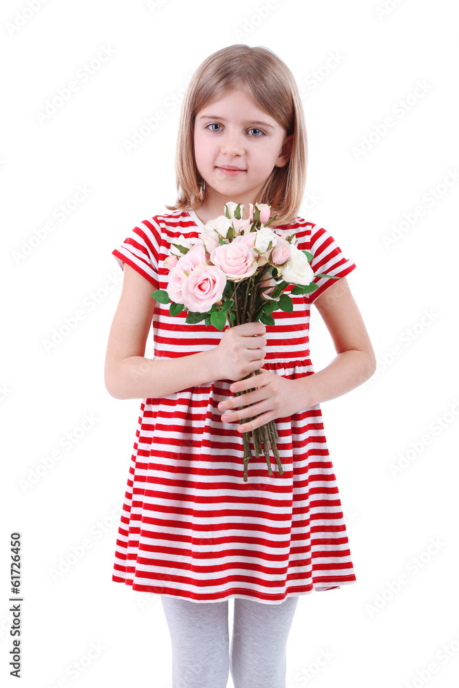 Beautiful little girl holding bouquet isolated on white Beautiful little girl holding bouquet isolated on white
