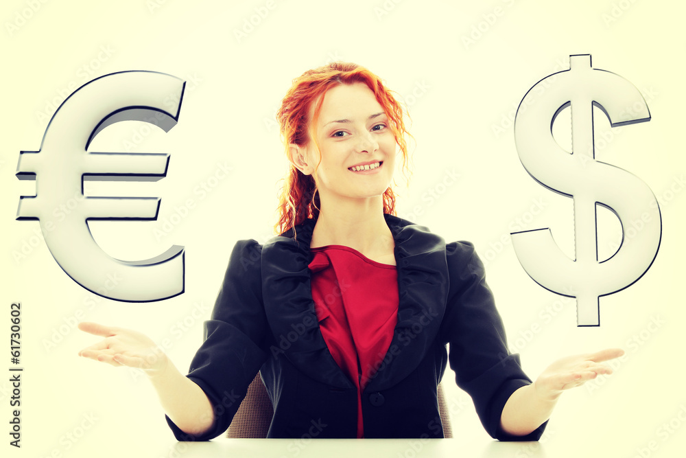 Businesswoman with euro and dollar 3d symbol Businesswoman with euro and dollar 3d symbol