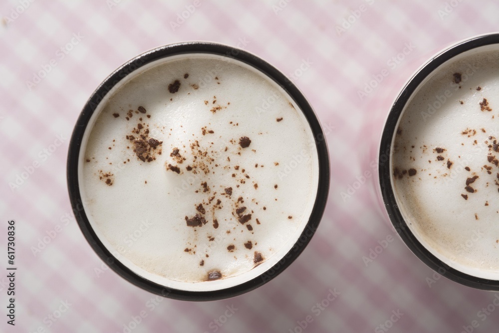 Cappuccino in Pink Mug with Almond Milk Foam Cappuccino in Pink Mug with Almond Milk Foam