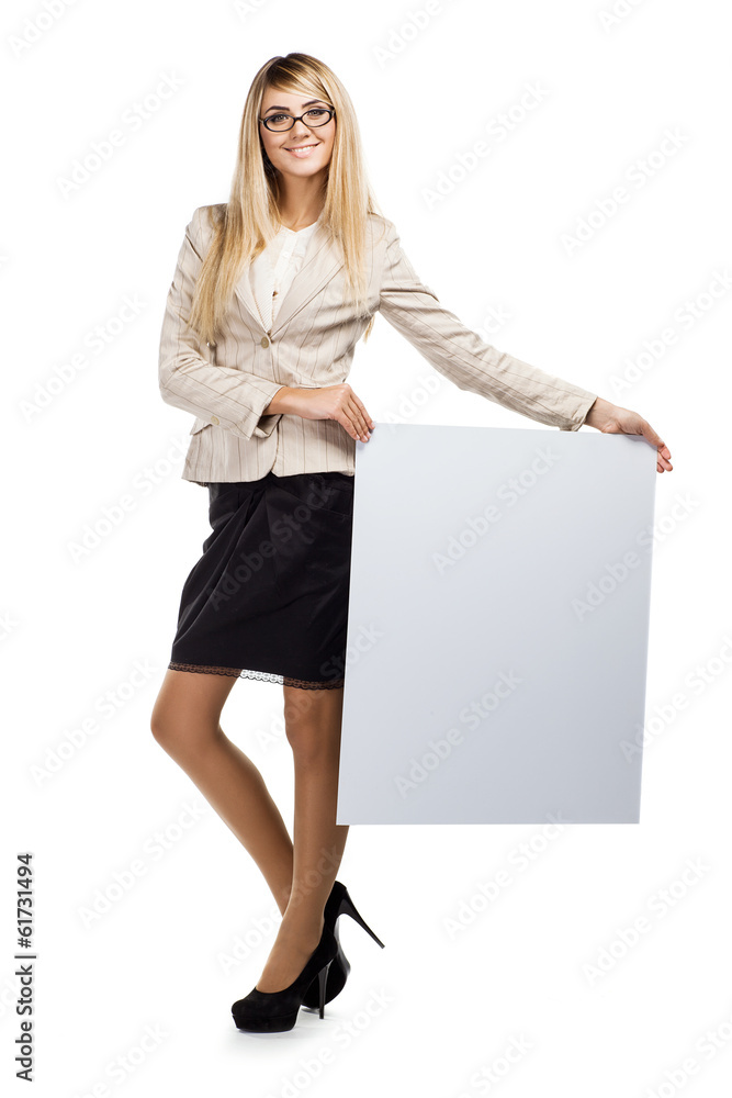 Pretty smiling woman holding a empty paper blank. Business woman Pretty smiling woman holding a empty paper blank. Business woman
