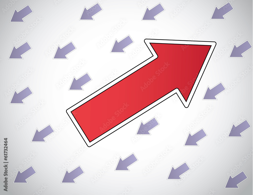 colorful red arrow moving up opposite direction to other arrows colorful red arrow moving up opposite direction to other arrows
