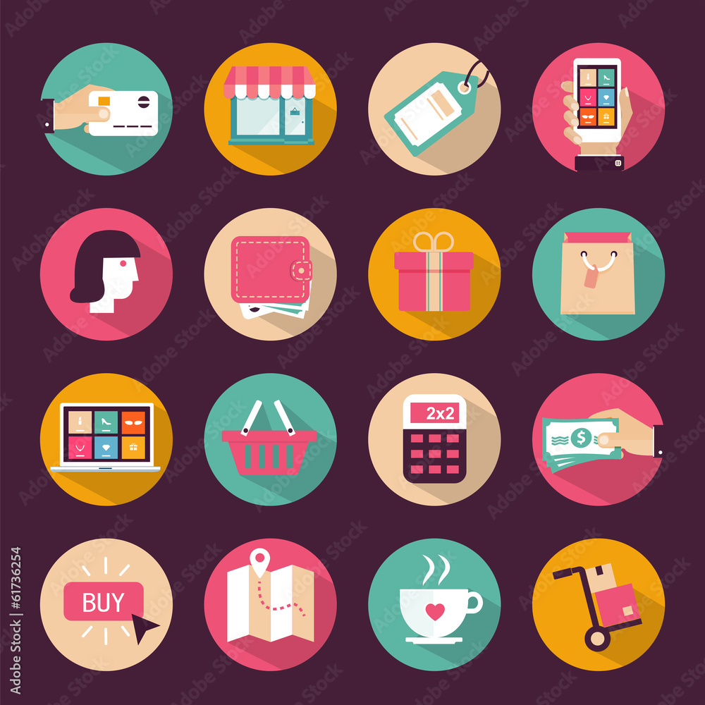 Set of flat style shopping icons Set of flat style shopping icons