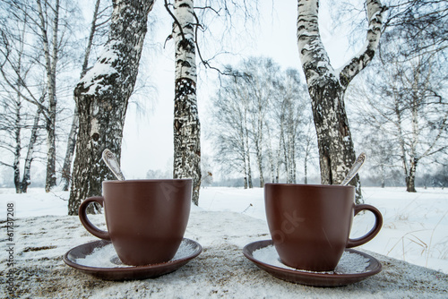 Two cups of tea on background of a winter landscape photo