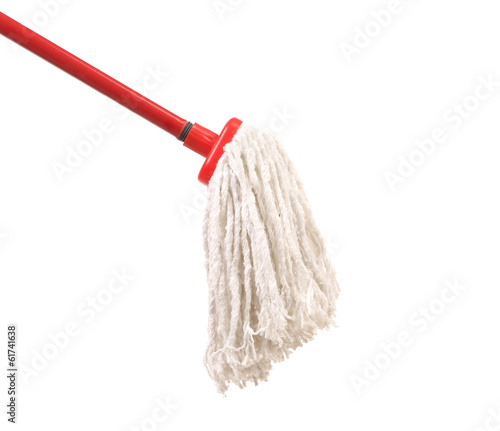 Closeup of red mop for cleaning. photo