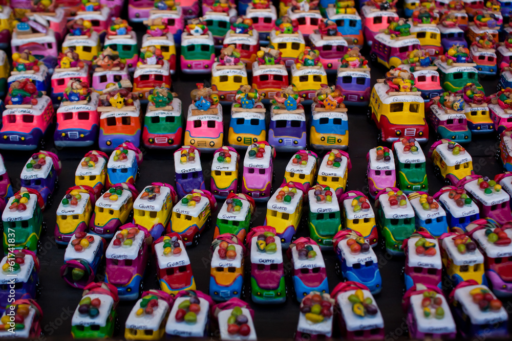 Bus figurines for sale at Chichicastenango market Guatemala