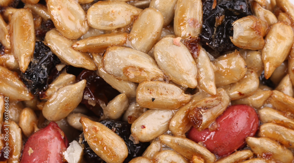 Close up of candied seeds and nuts. Close up of candied seeds and nuts.