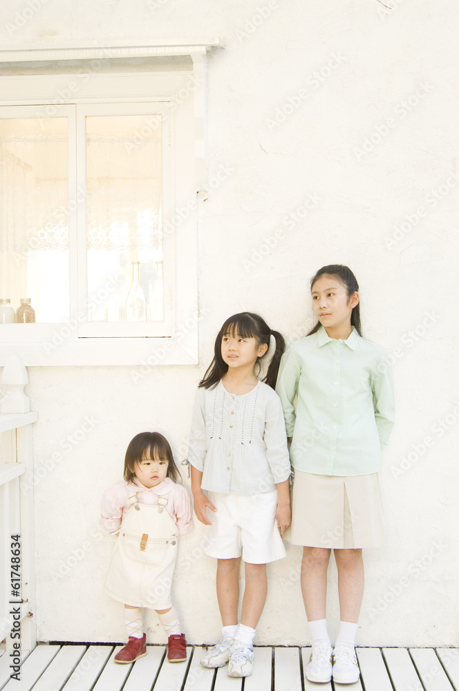 Three Japanese girls standing by the wall Three Japanese girls standing by the wall