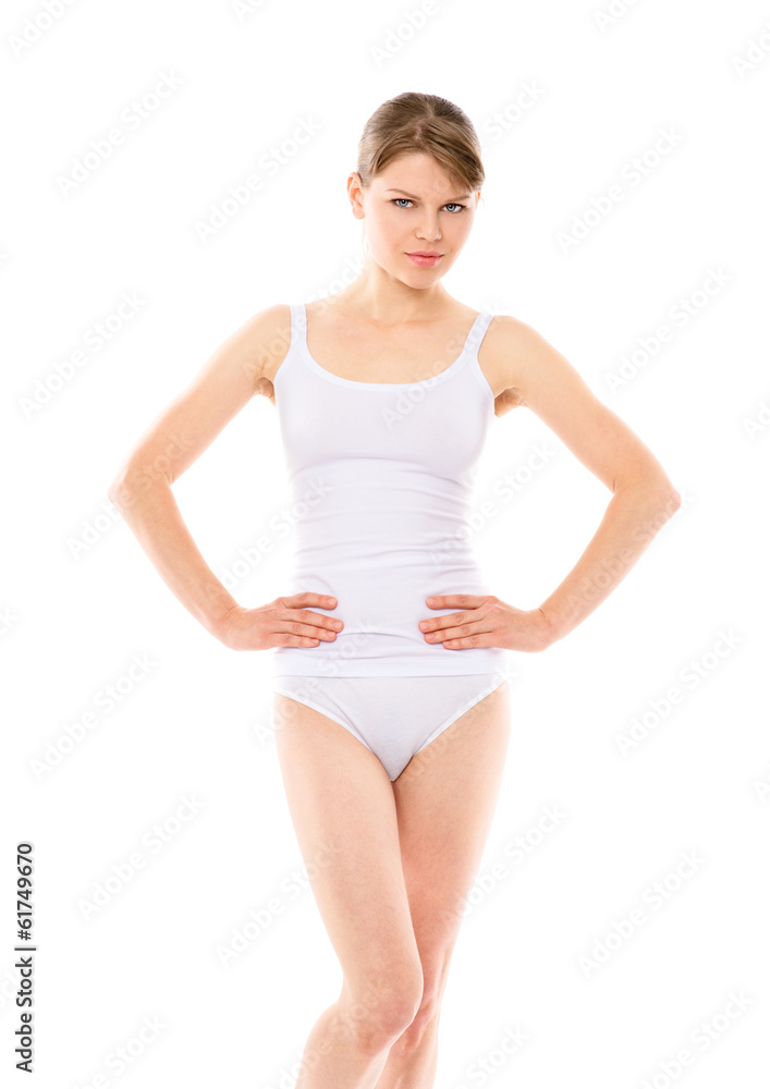 Healthy lifestyle. Slender woman in white cotton underwear Healthy lifestyle. Slender woman in white cotton underwear