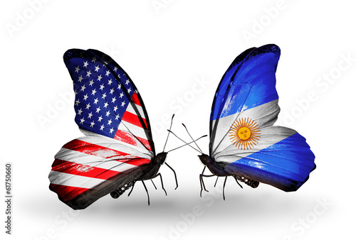 Two butterflies with flags USA and Argentina