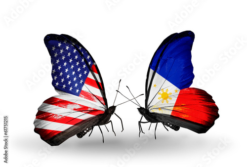 Two butterflies with flags USA and Philippines photo