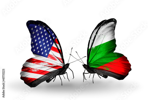 Two butterflies with flags USA and Bulgaria