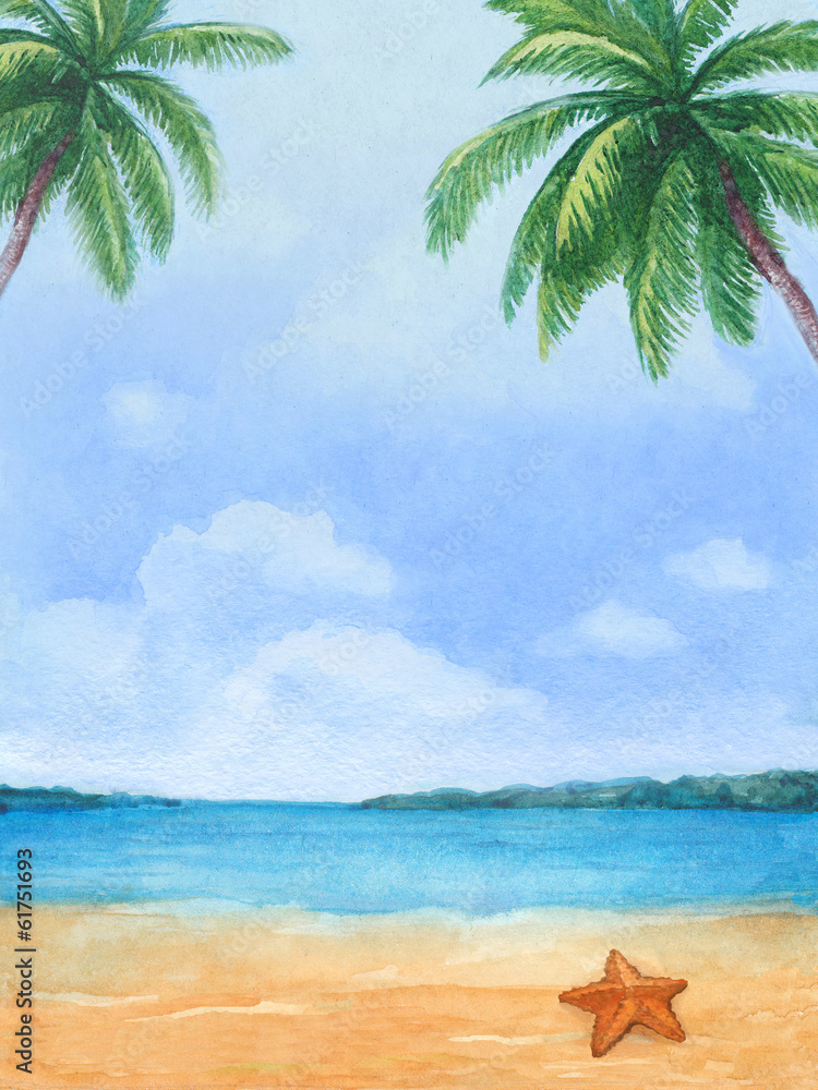 Fototapeta premium Watercolor illustration of a tropical beach