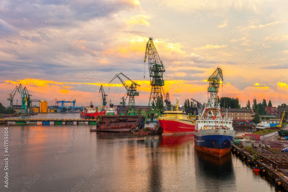 Shipyard at sunset in Gdansk, Poland.