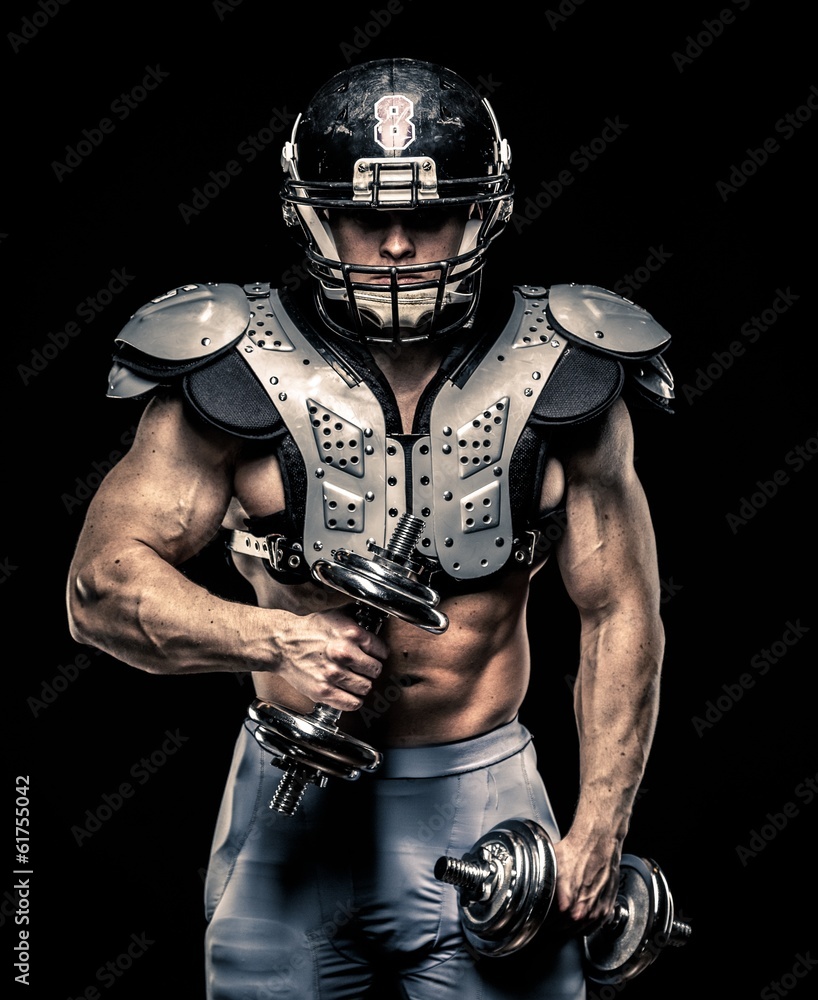 American football player  wearing helmet and armour