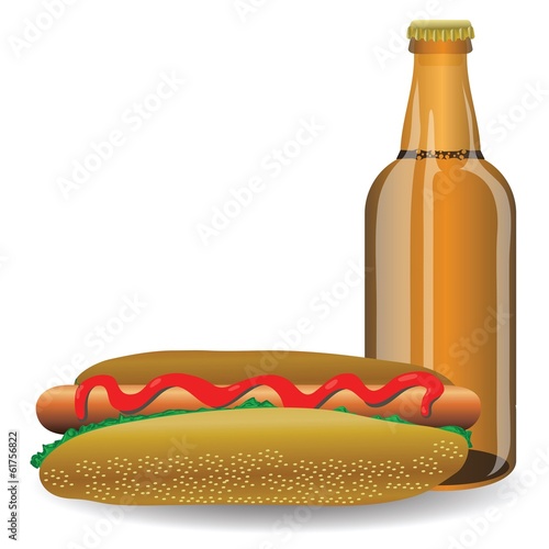 hot dog and bottle of beer