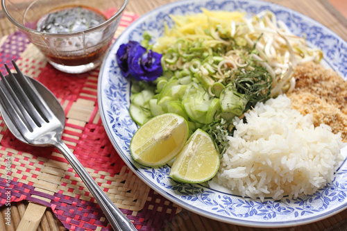 Thai food, Southern Thai dish of vegetable rice, shrimp, coconut