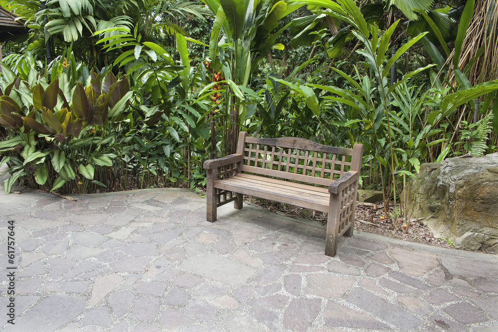 Wood Bench in Tropical Garden