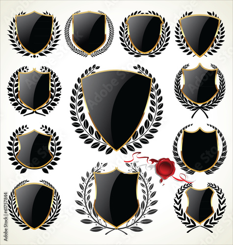 Black and gold shield and laurel wreath collection