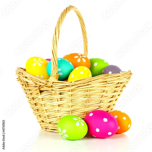 Easter basket filled with colorful eggs over a white background