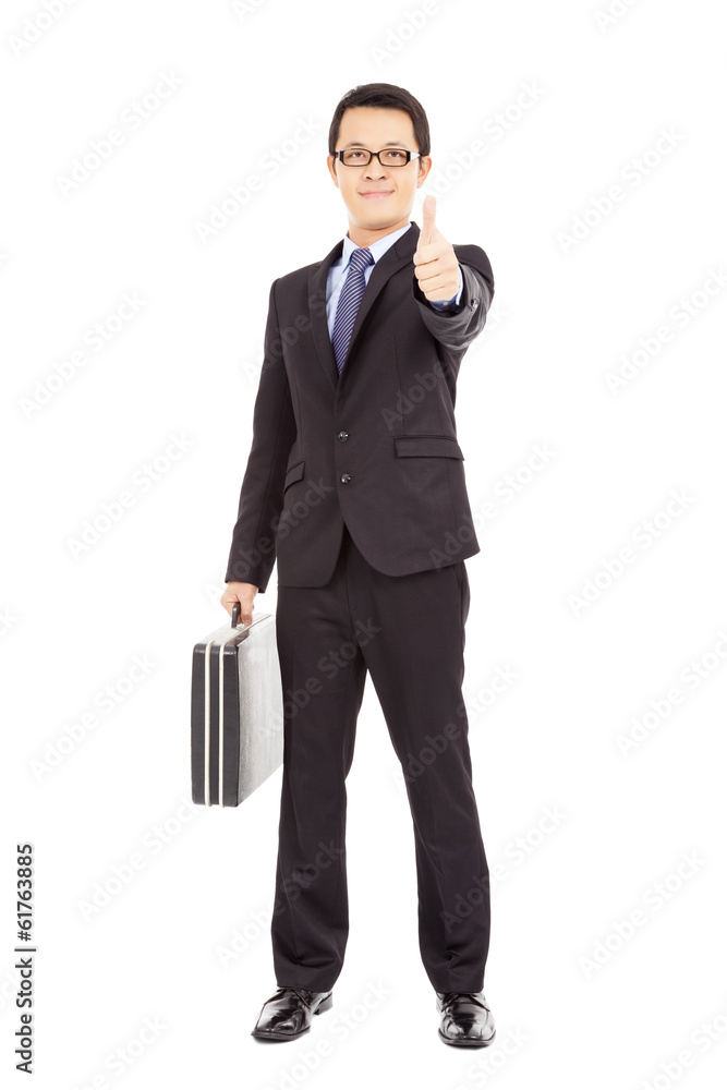 happy businessman holding briefcase and thumb up happy businessman holding briefcase and thumb up