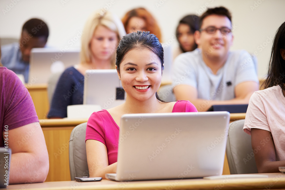 Fototapeta premium Female University Student Using Laptop In Lecture