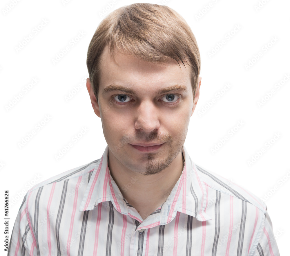 A young man with a beard on half of the face isolated on white. A young man with a beard on half of the face isolated on white.