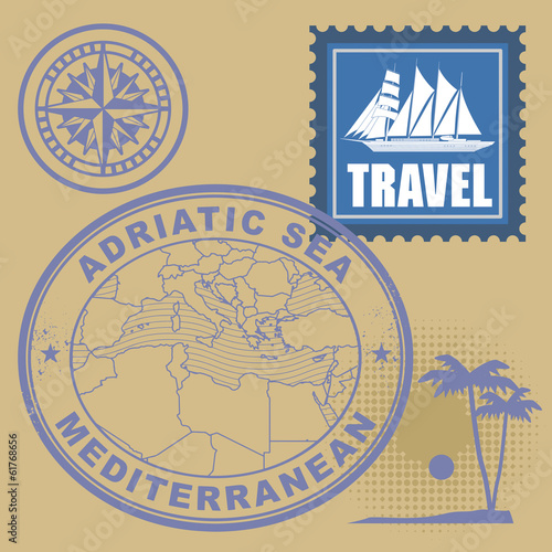 Stamp set with text Mediterranean, Adriatic Sea, vector