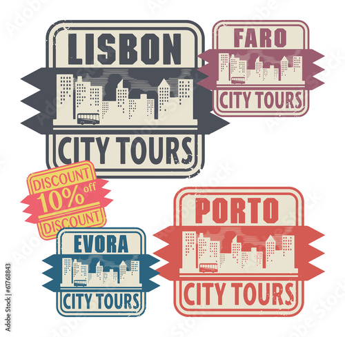 Stamp set with names of Portugal cities, vector