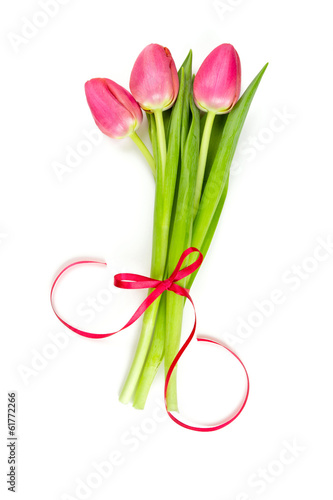 Fototapeta Naklejka Na Ścianę i Meble -  three pink tulips tied with a ribbon